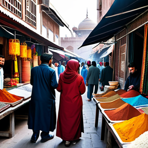 **

A group of fully clothed tourists, professional attire, consulting a local map in a bustling Pakistani marketplace during the daytime. The scene includes vibrant stalls with colorful textiles and spices. Safe for work, appropriate content, perfect anatomy, natural proportions, professional photography, high quality, modest clothing.

**