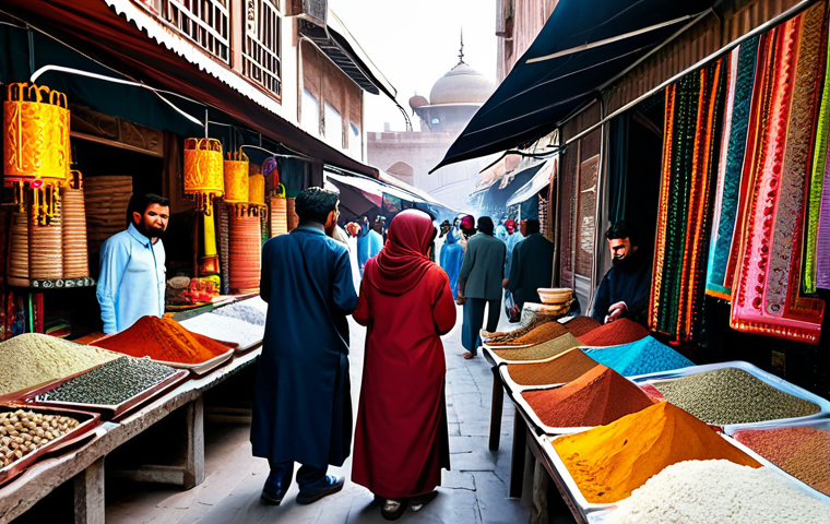 **
A group of fully clothed tourists, professional attire, consulting a local map in a bustling Pakistani marketplace during the daytime. The scene includes vibrant stalls with colorful textiles and spices. Safe for work, appropriate content, perfect anatomy, natural proportions, professional photography, high quality, modest clothing.
**