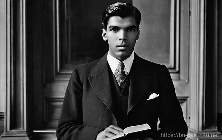 파키스탄 독립운동과 모하마드 알리 진나 - A dignified portrait of a young Muhammad Ali Jinnah in his early twenties, dressed impeccably in a c...