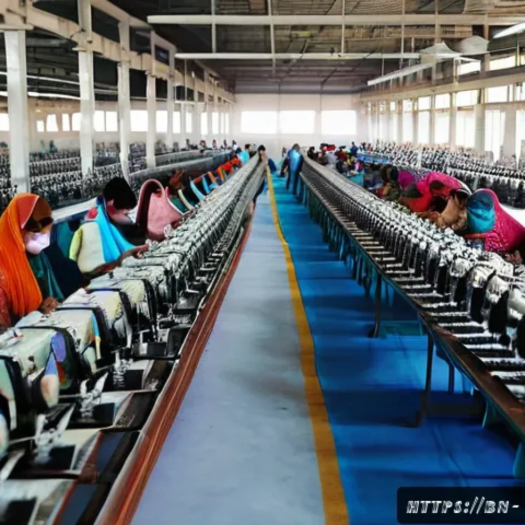 파키스탄 주요 수출 품목 및 경제 구조 - A bustling textile factory scene in Karachi or Faisalabad industrial area, showing rows of modern se...