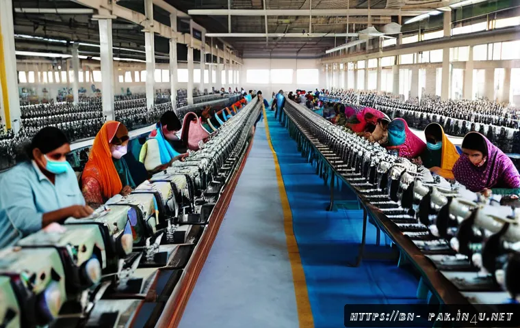 파키스탄 주요 수출 품목 및 경제 구조 - A bustling textile factory scene in Karachi or Faisalabad industrial area, showing rows of modern se...