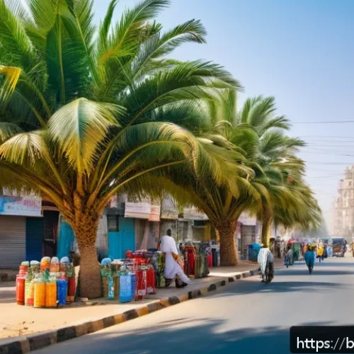 Home 31 파키스탄의 기후 및 방문 최적 시기 - A vibrant summer scene in Karachi, Pakistan, showing a bustling city street under intense sunlight w...