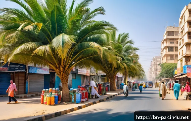 파키스탄의 기후 및 방문 최적 시기 - A vibrant summer scene in Karachi, Pakistan, showing a bustling city street under intense sunlight w...