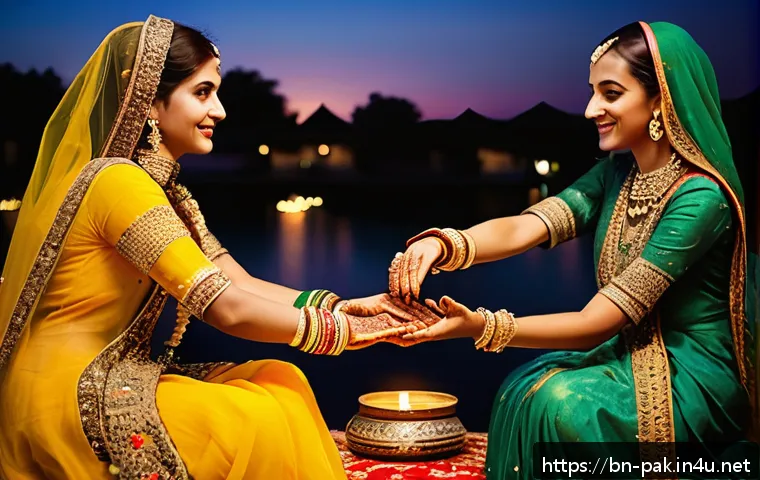 파키스탄 전통 결혼식 문화 - A vibrant Mehndi night scene at a traditional Pakistani wedding featuring the bride and female relat...