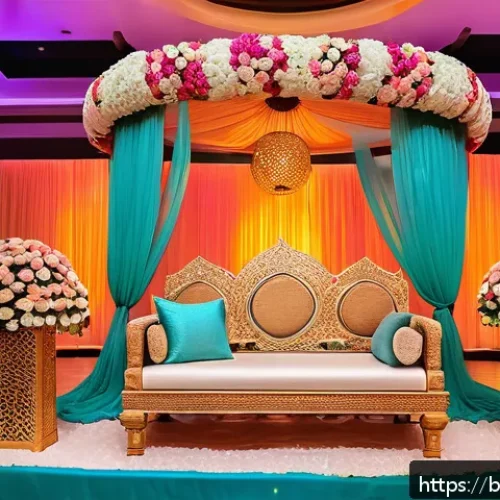 Home 17 파키스탄 전통 결혼식 장식 아이디어 - A vibrant wedding scene blending traditional and modern elements in a Bengali-Pakistani style celebr...
