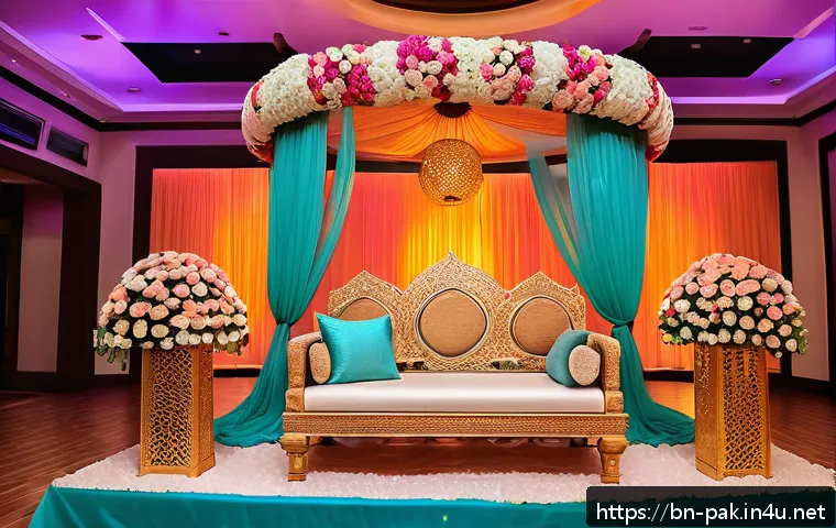 파키스탄 전통 결혼식 장식 아이디어 - A vibrant wedding scene blending traditional and modern elements in a Bengali-Pakistani style celebr...